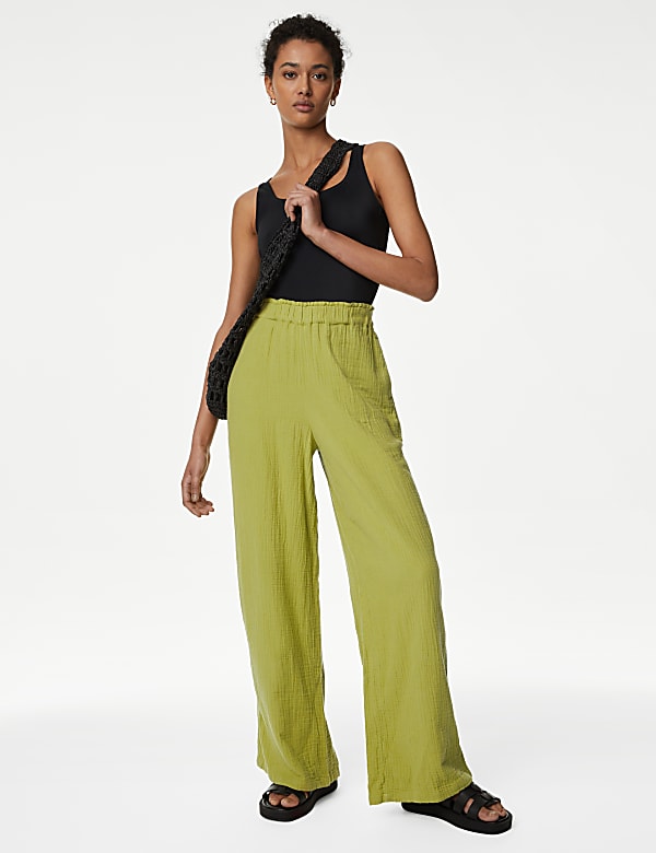Buy Pure Cotton Wide Leg Trousers at Marks Spencer