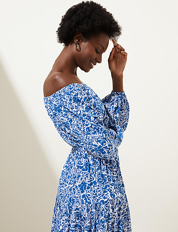 Printed Bardot Maxi Dress BLUE MIX Dresses M S RO