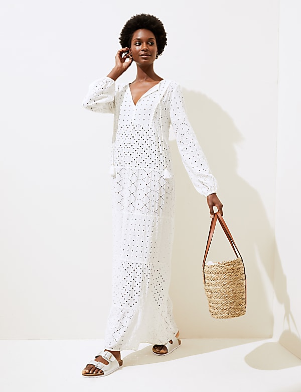 Embroidered V-Neck Maxi Waisted Dress