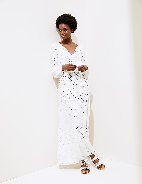 Embroidered V-Neck Maxi Waisted Dress