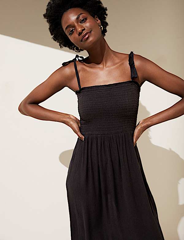 Square Neck Shirred Midi Dress - CZ