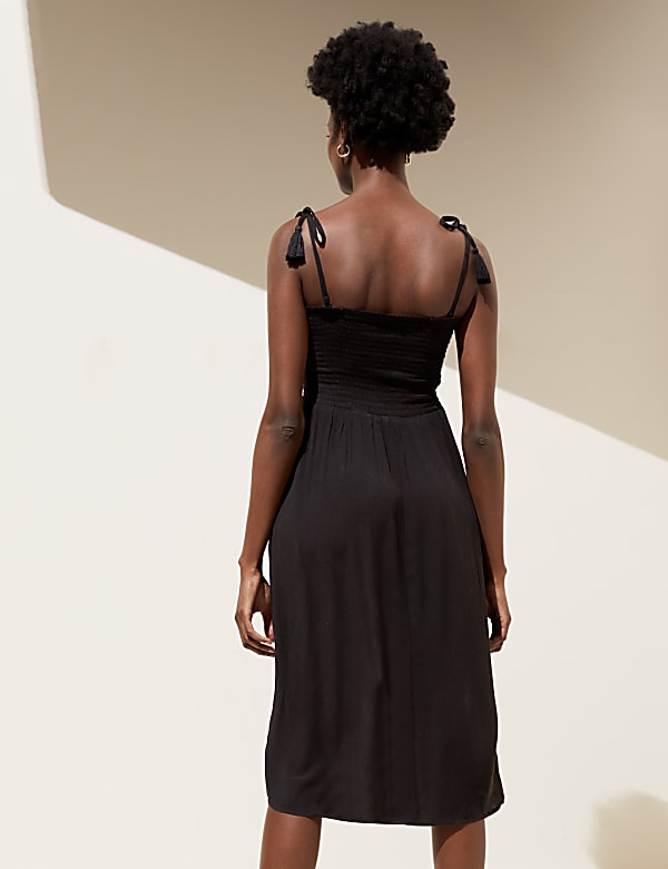 Square Neck Shirred Midi Dress