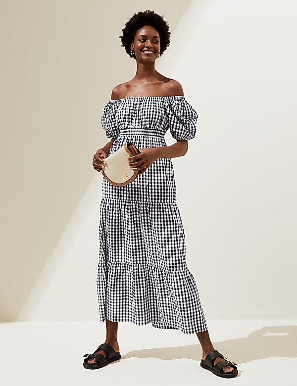 Pure Cotton Gingham Shirred Waisted Dress