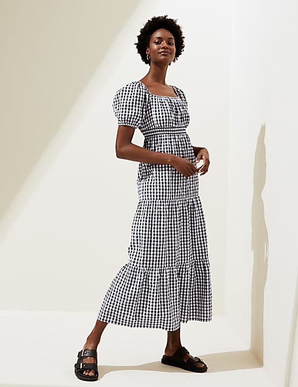 Pure Cotton Gingham Shirred Waisted Dress