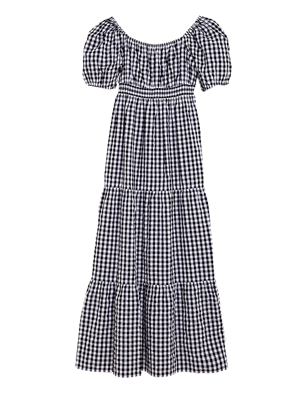 Pure Cotton Gingham Shirred Waisted Dress