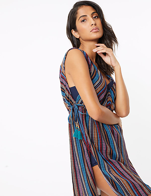 Cotton Rich Striped V-Neck Mini Beach Dress