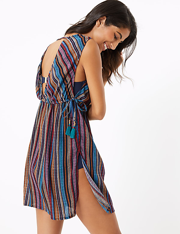 Cotton Rich Striped V-Neck Mini Beach Dress