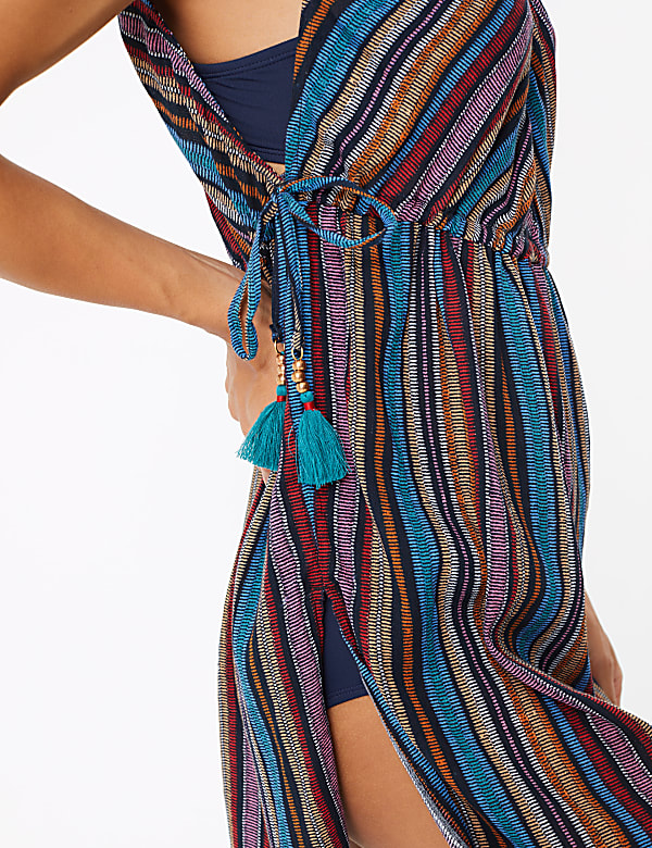Cotton Rich Striped V-Neck Mini Beach Dress