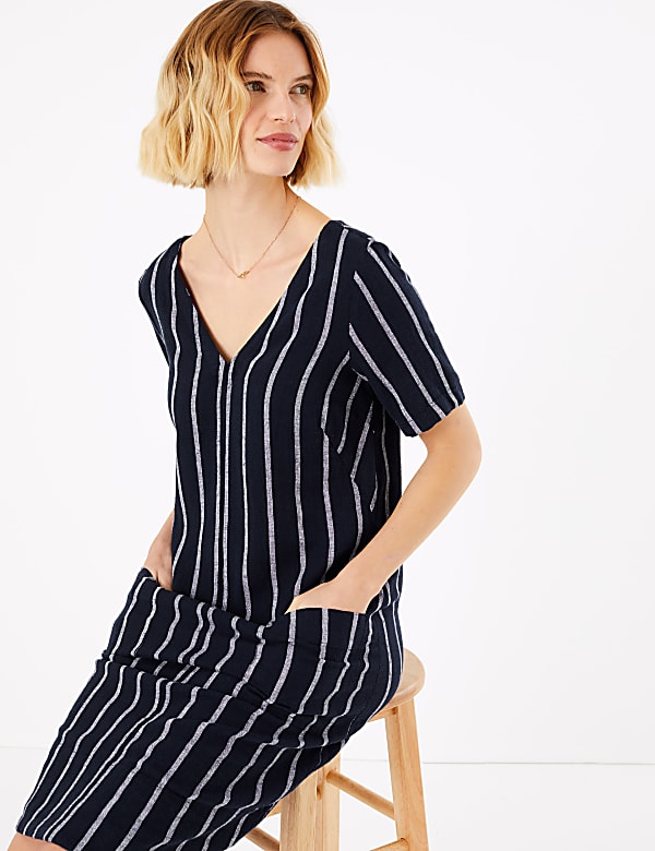 Linen Striped V-Neck Shift Dress