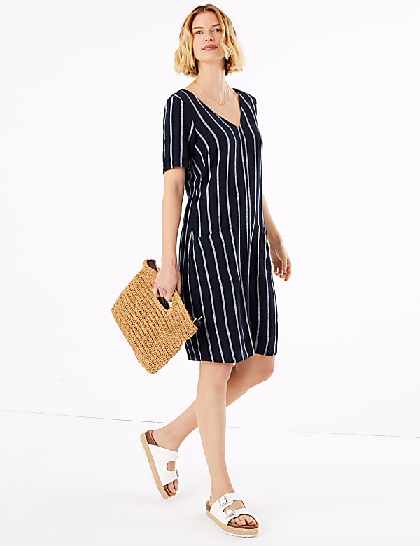 Linen Striped V-Neck Shift Dress