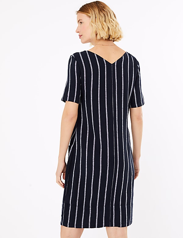 Linen Striped V-Neck Shift Dress
