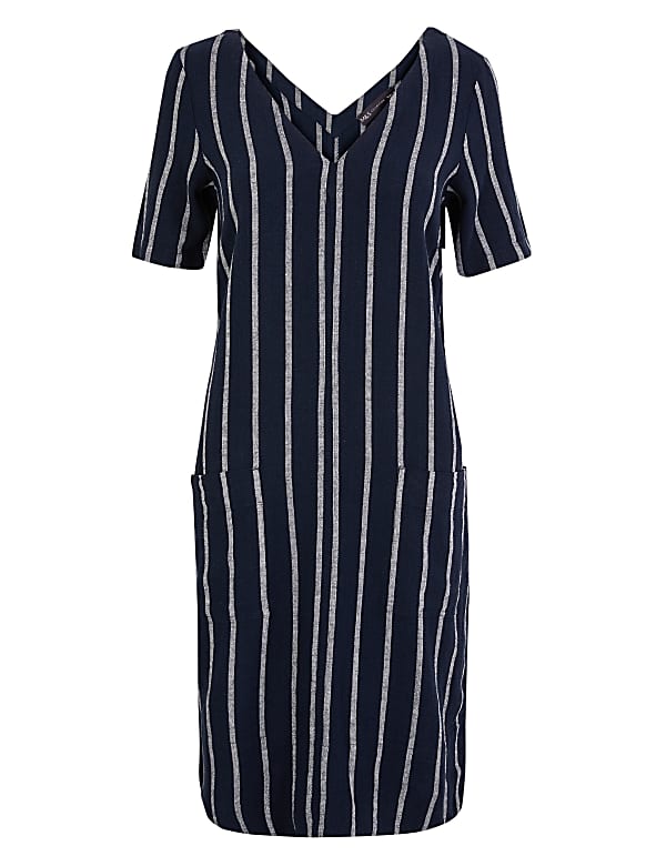 Linen Striped V-Neck Shift Dress