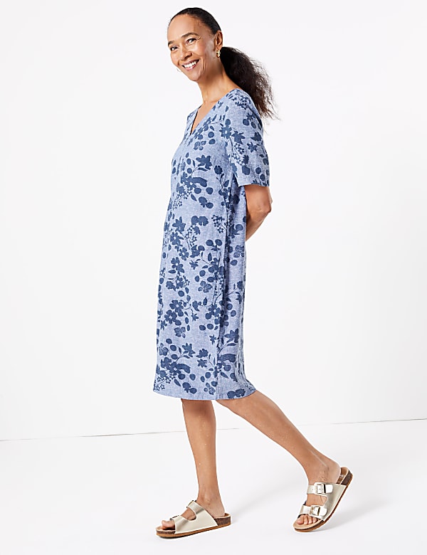 Linen Floral V-Neck Shift Dress