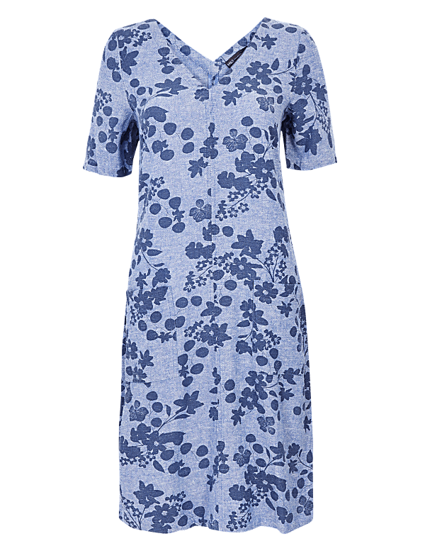 Linen Floral V-Neck Shift Dress
