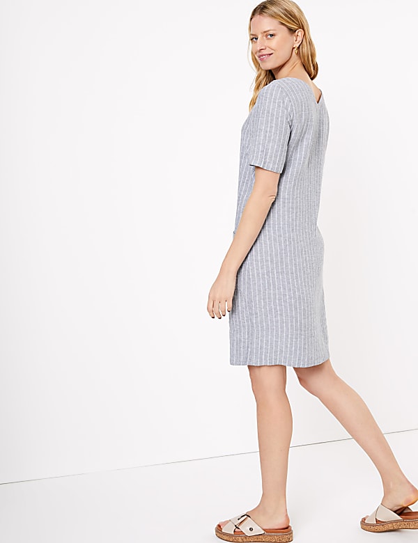 Linen Blend Striped V-Neck Shift Dress