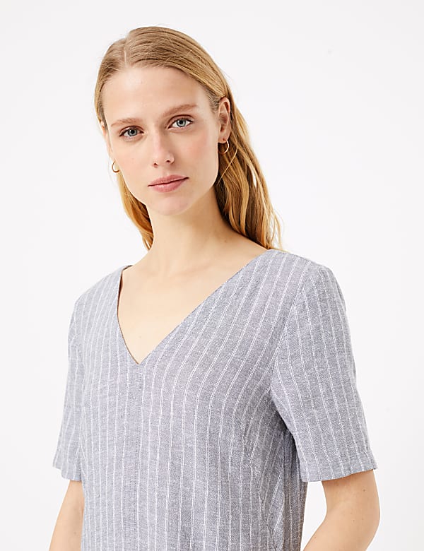 Linen Blend Striped V-Neck Shift Dress