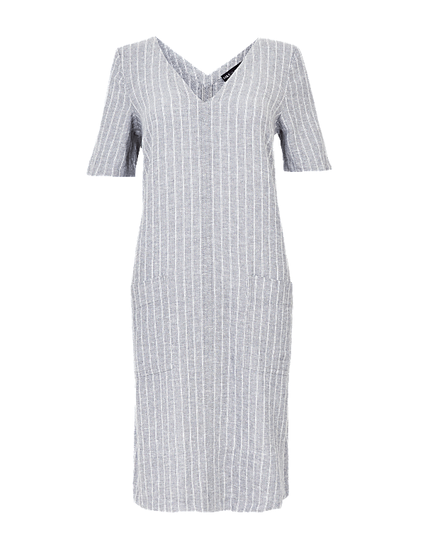 Linen Blend Striped V-Neck Shift Dress