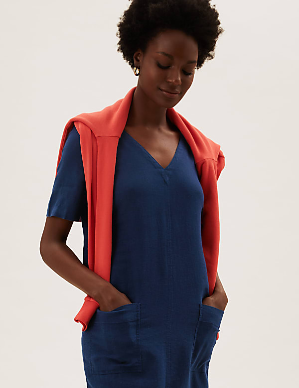Linen Blend V-Neck Shift Dress