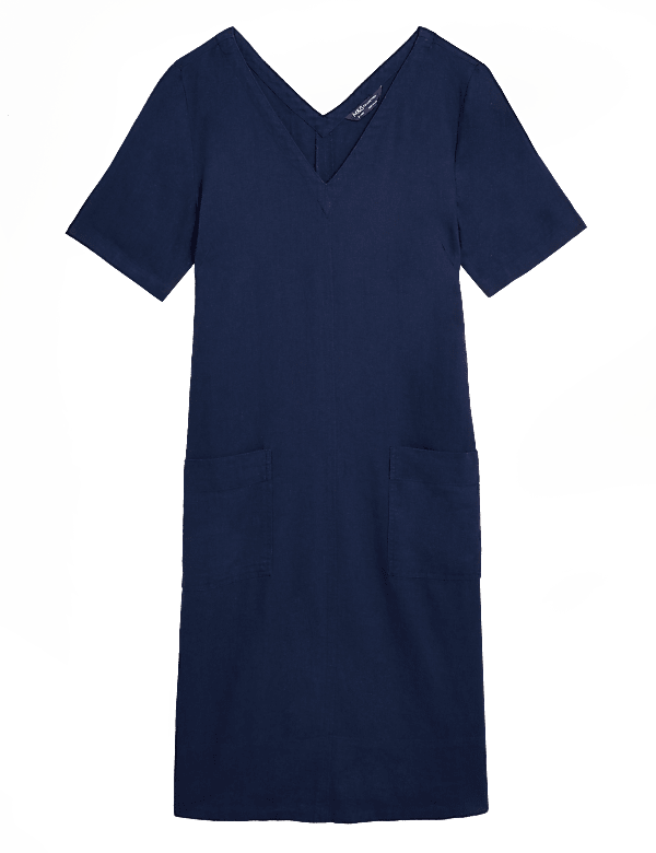 Linen Blend V-Neck Shift Dress