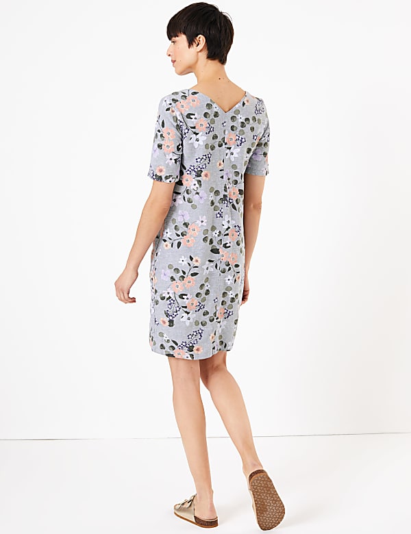 Linen Floral V-Neck Shift Dress