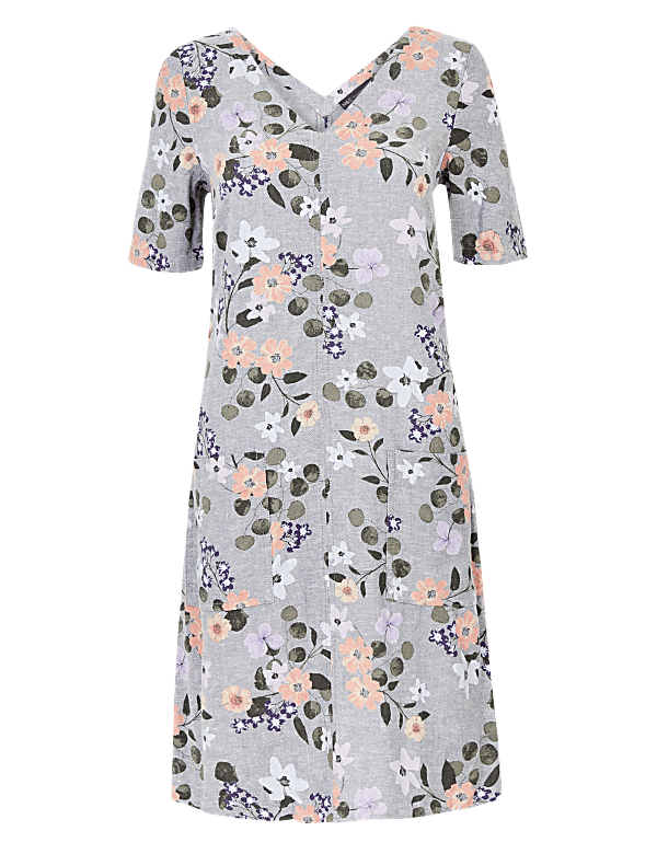 Linen Floral V-Neck Shift Dress