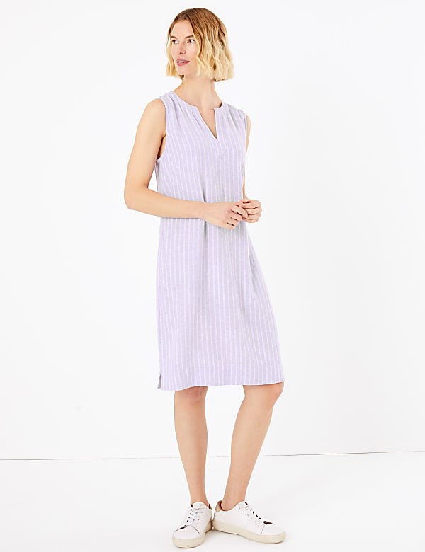 Linen Striped V-Neck Shift Dress