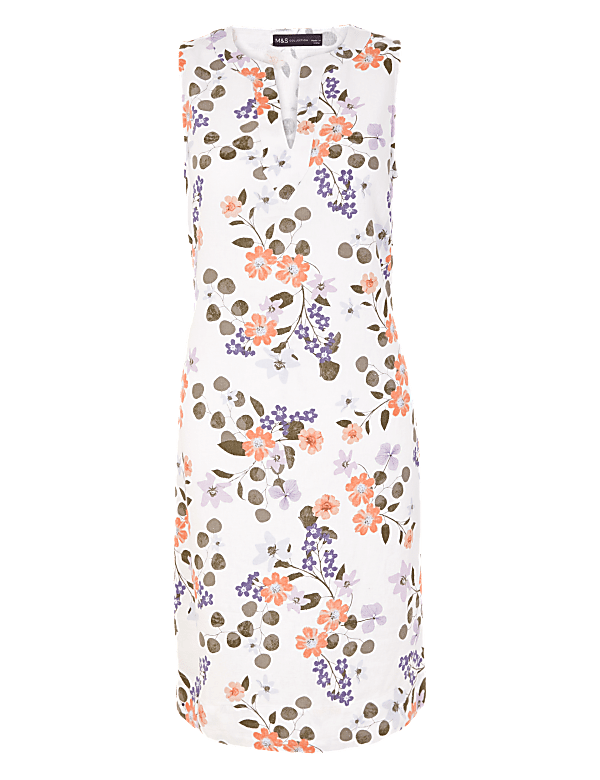 Linen Floral V-Neck Shift Dress