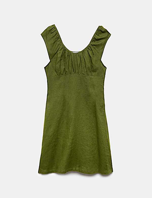 Pure Linen Ruched Mini Waisted Dress - EE