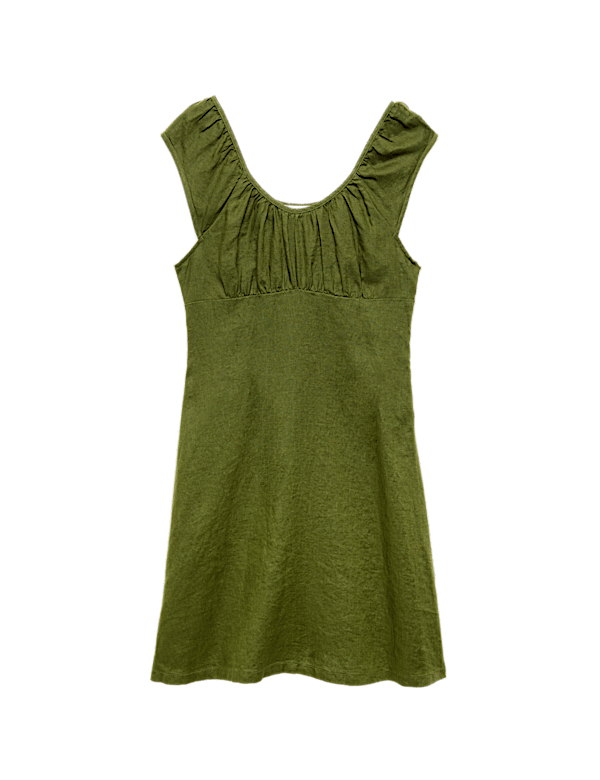 Pure Linen Ruched Mini Waisted Dress