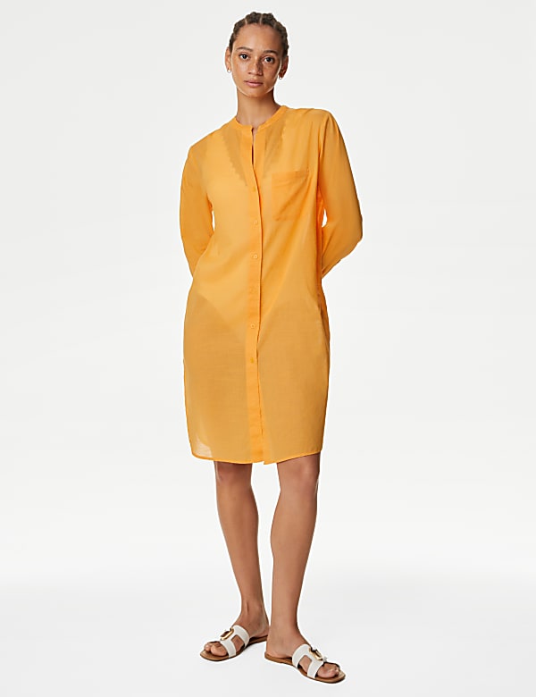 Pure Cotton Collarless Beach Cover Up Shirt