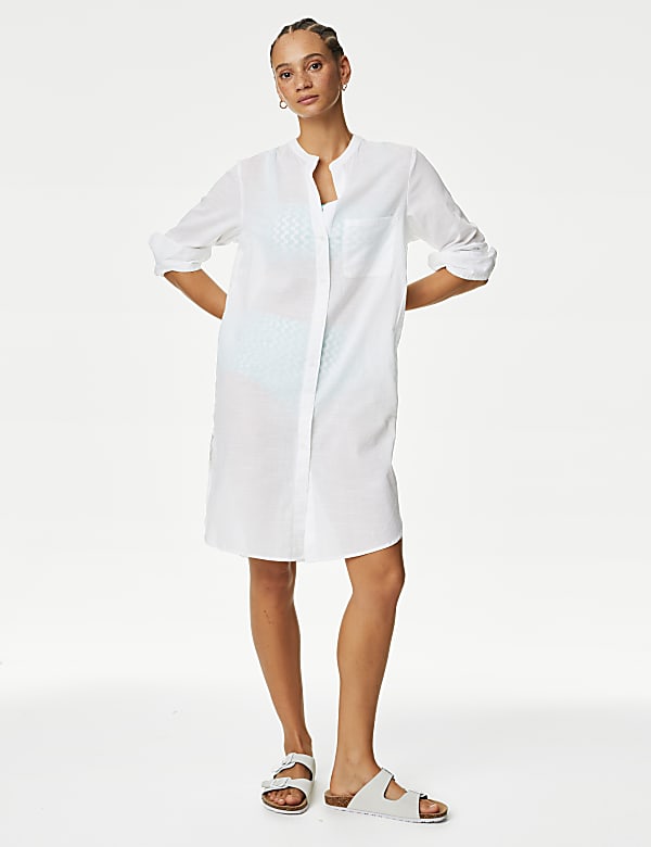 Pure Cotton Collarless Beach Cover Up Shirt