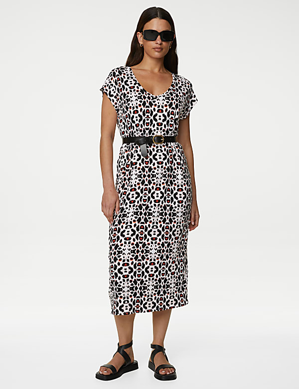 Jersey Printed V-Neck Midi T-Shirt Dress