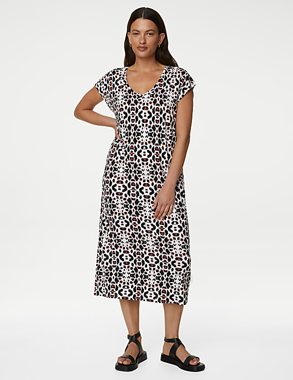 Jersey Printed V-Neck Midi T-Shirt Dress