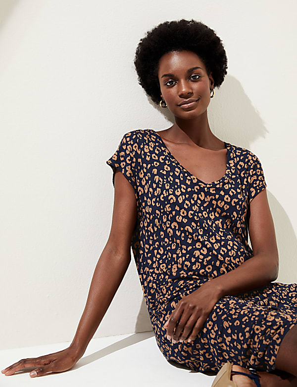 Jersey Printed V-Neck Midi T-Shirt Dress