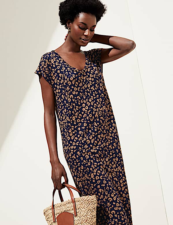 Jersey Printed V-Neck Midi T-Shirt Dress