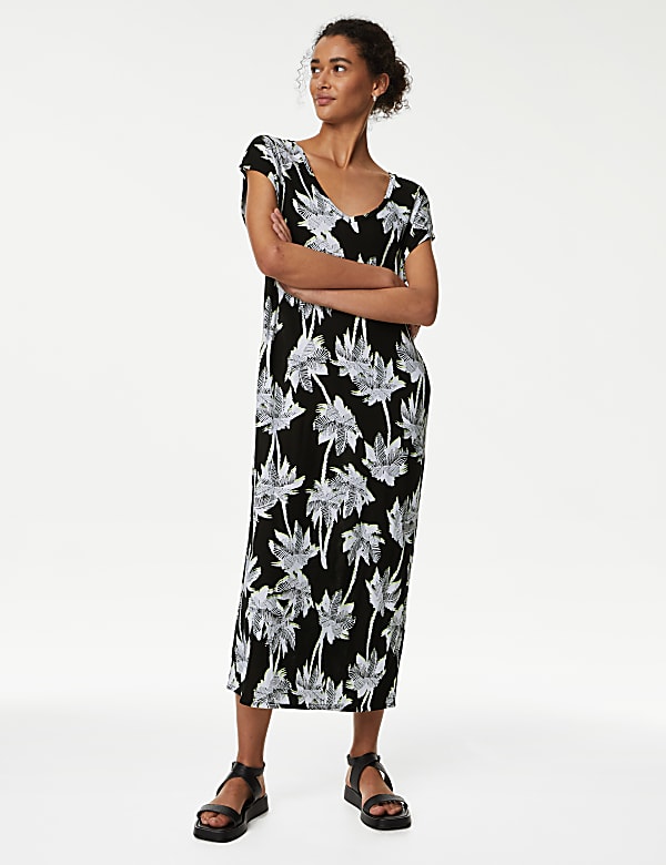 Jersey Printed V-Neck Midi T-Shirt Dress