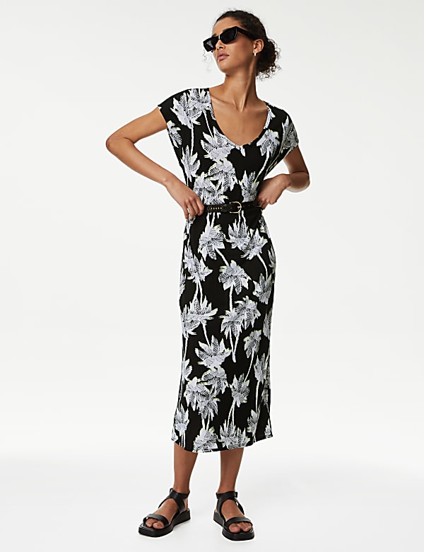 Jersey Printed V-Neck Midi T-Shirt Dress