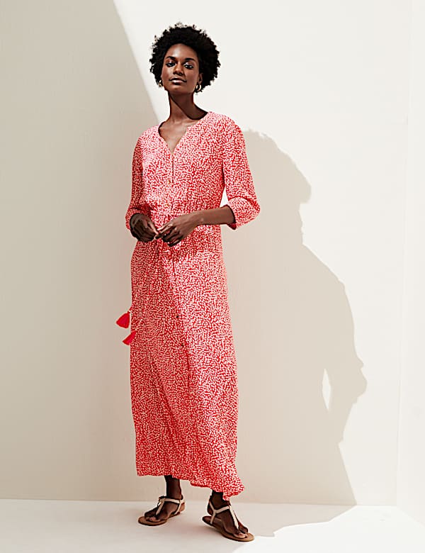 Printed V-Neck Tie Waist Maxi Beach Dress