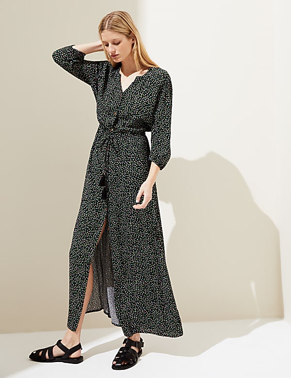 Printed V-Neck Tie Waist Maxi Beach Dress