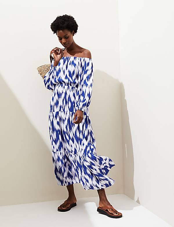 Printed Bardot Midaxi Dress