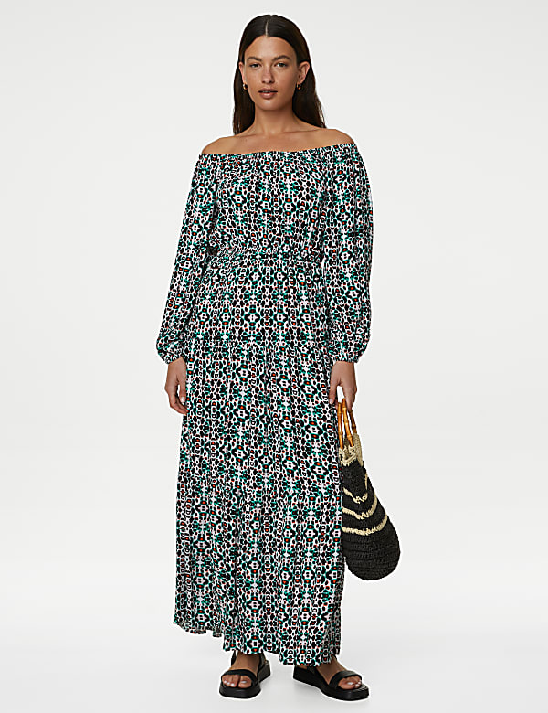 Printed Bardot Midaxi Dress