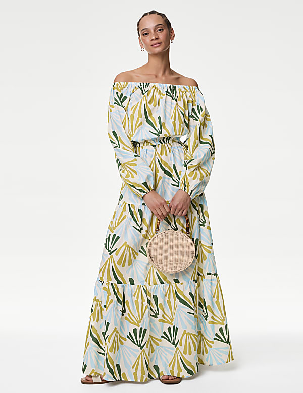 Pure Cotton Printed Bardot Midaxi Beach Dress - ES