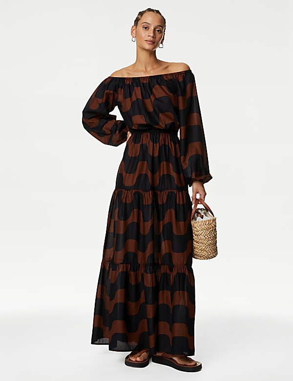 Pure Cotton Printed Bardot Midaxi Beach Dress