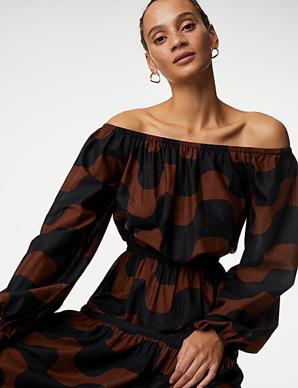 Pure Cotton Printed Bardot Midaxi Beach Dress