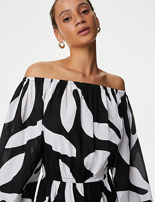 Pure Cotton Printed Bardot Midaxi Beach Dress