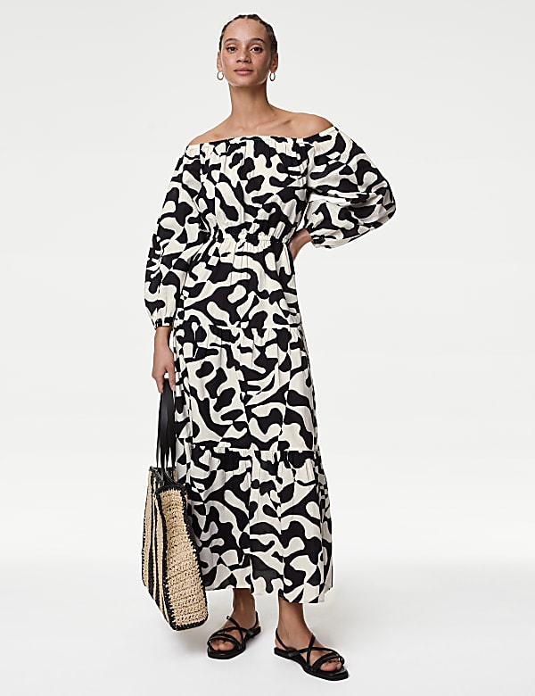 Pure Cotton Printed Bardot Midaxi Beach Dress