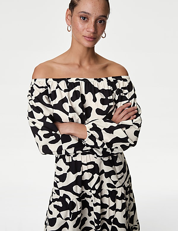 Pure Cotton Printed Bardot Midaxi Beach Dress