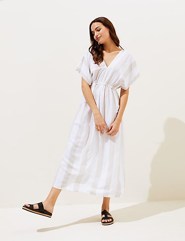 Buy Linen Blend Striped V Neck Maxi Dress at Marks Spencer