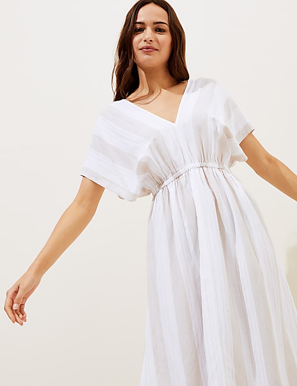 Linen Blend Striped V-Neck Maxi Dress