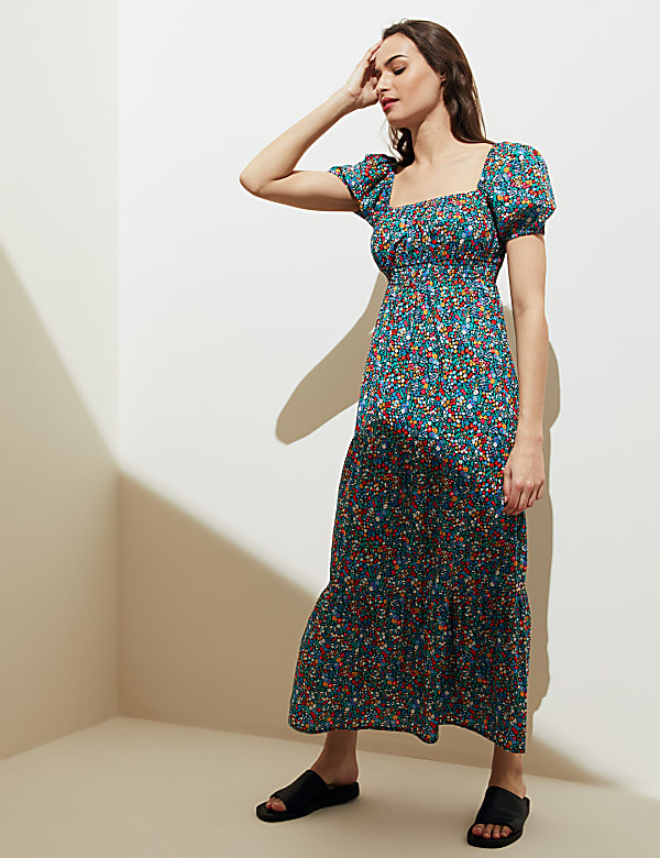 Pure Cotton Floral Midi Waisted Dress